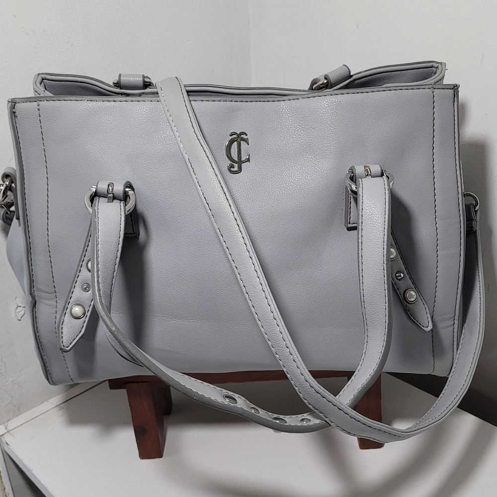 Juicy Couture Pearly Gray Faux Leather Logo Satchel Handbag Sz Medium
